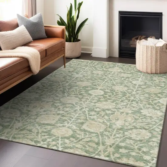 Artichoke Green And Beige Floral Washable Indoor Outdoor Area Rug Photo 8