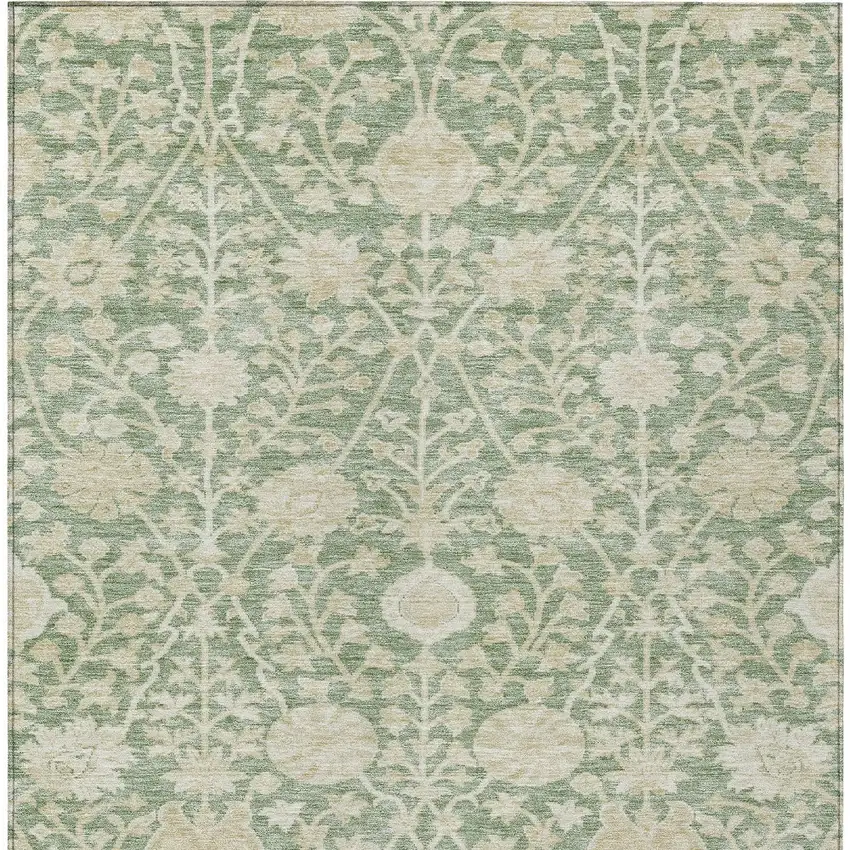 Artichoke Green And Beige Floral Washable Indoor Outdoor Area Rug Photo 5