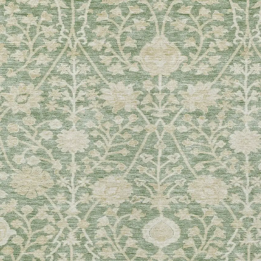 Artichoke Green And Beige Floral Washable Indoor Outdoor Area Rug Photo 5