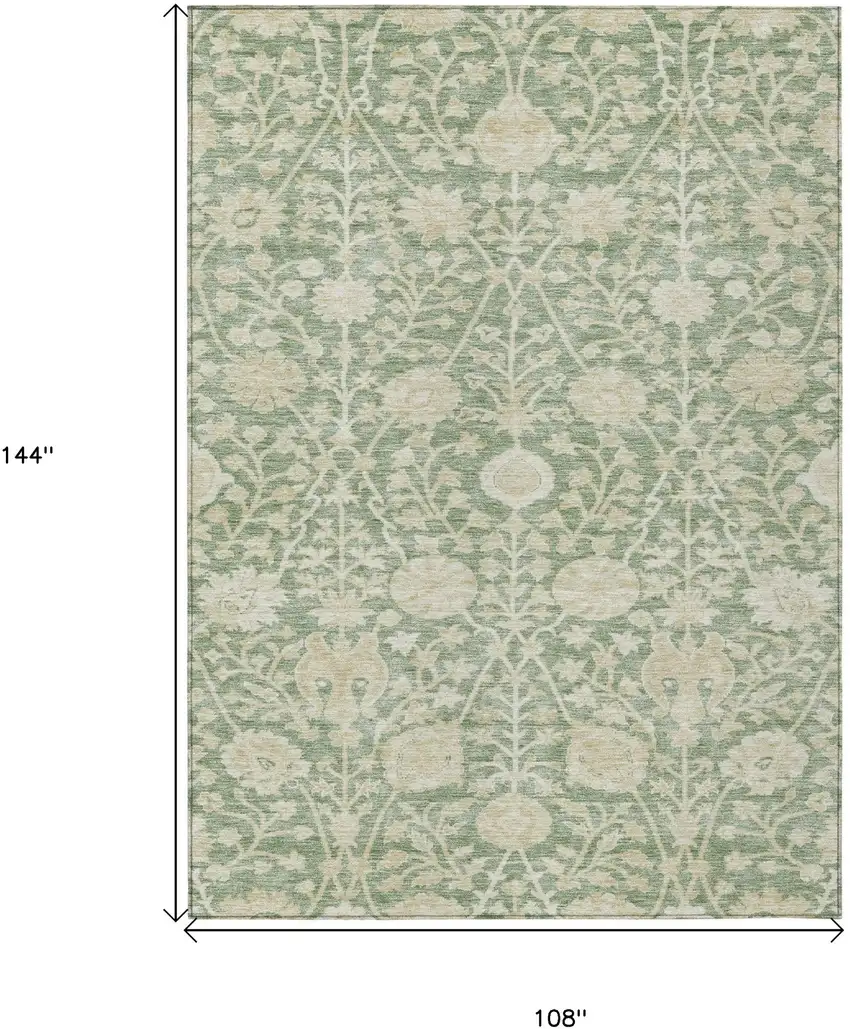 Artichoke Green And Beige Floral Washable Indoor Outdoor Area Rug Photo 7
