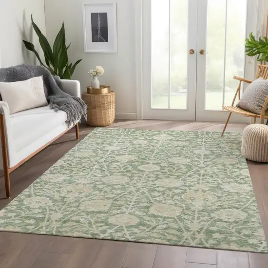 Artichoke Green And Beige Floral Washable Indoor Outdoor Area Rug Photo 9