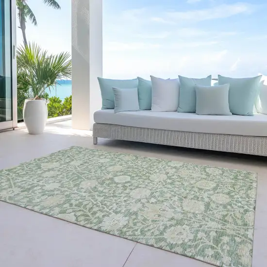 Artichoke Green And Beige Floral Washable Indoor Outdoor Area Rug Photo 7