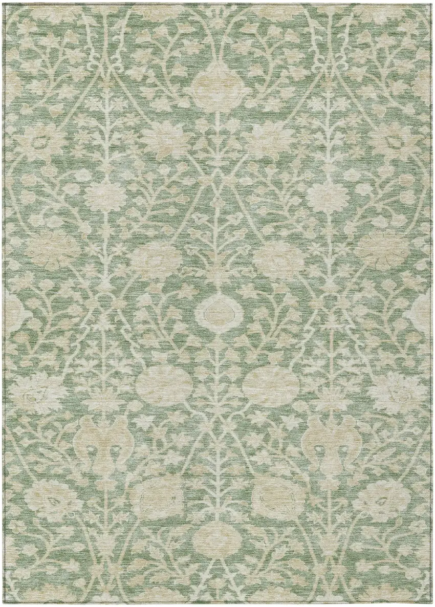 Artichoke Green And Beige Floral Washable Indoor Outdoor Area Rug Photo 2