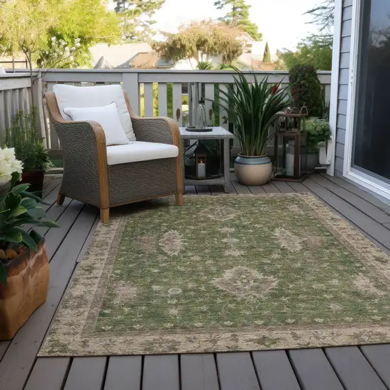 Artichoke Green And Beige Floral Washable Indoor Outdoor Area Rug Photo 5
