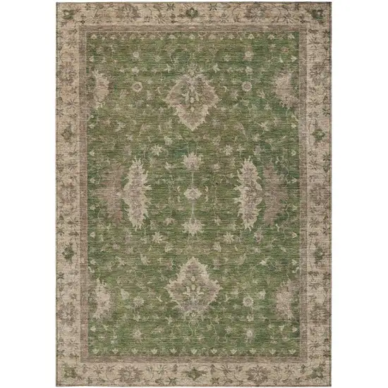 Artichoke Green And Beige Floral Washable Indoor Outdoor Area Rug Photo 3