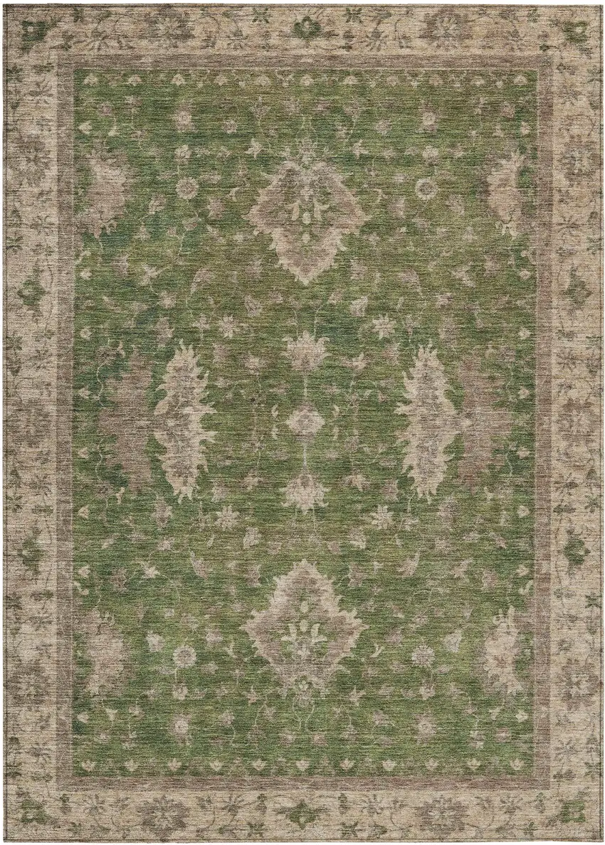 Artichoke Green And Beige Floral Washable Indoor Outdoor Area Rug Photo 1