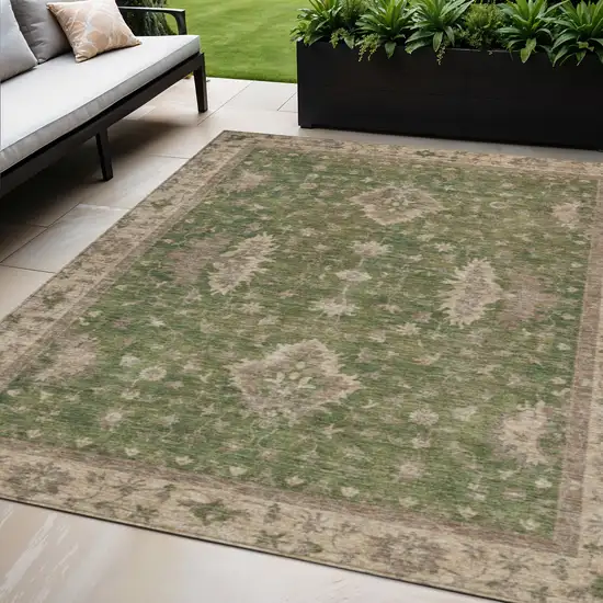 Artichoke Green And Beige Floral Washable Indoor Outdoor Area Rug Photo 2