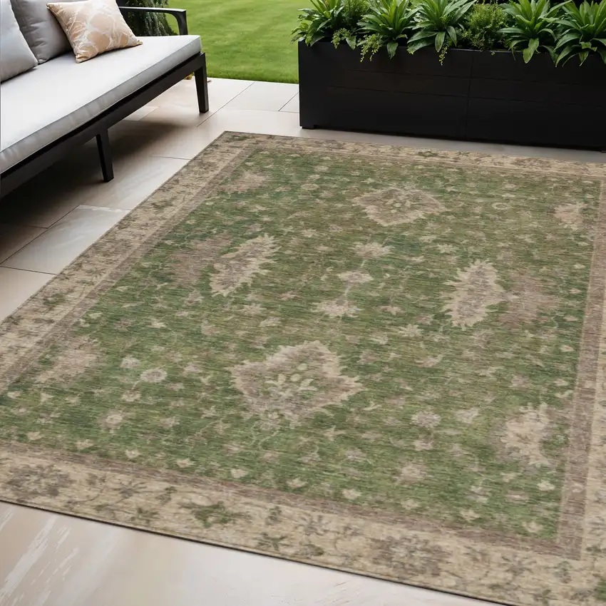 Artichoke Green And Beige Floral Washable Indoor Outdoor Area Rug Photo 2