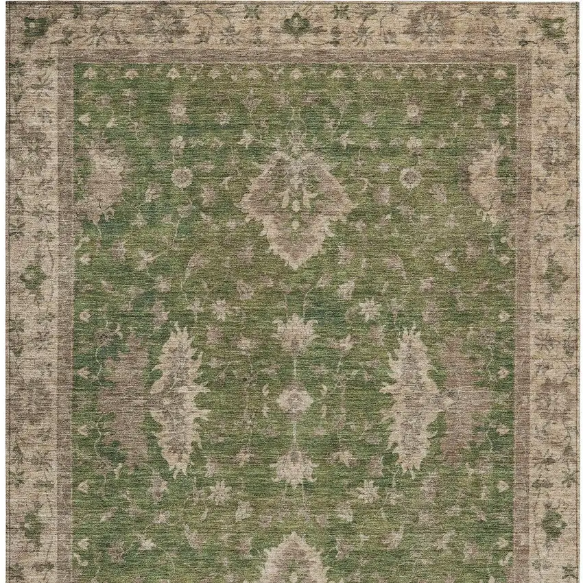 Artichoke Green And Beige Floral Washable Indoor Outdoor Area Rug Photo 9