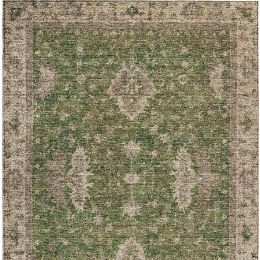 Artichoke Green And Beige Floral Washable Indoor Outdoor Area Rug Photo 3
