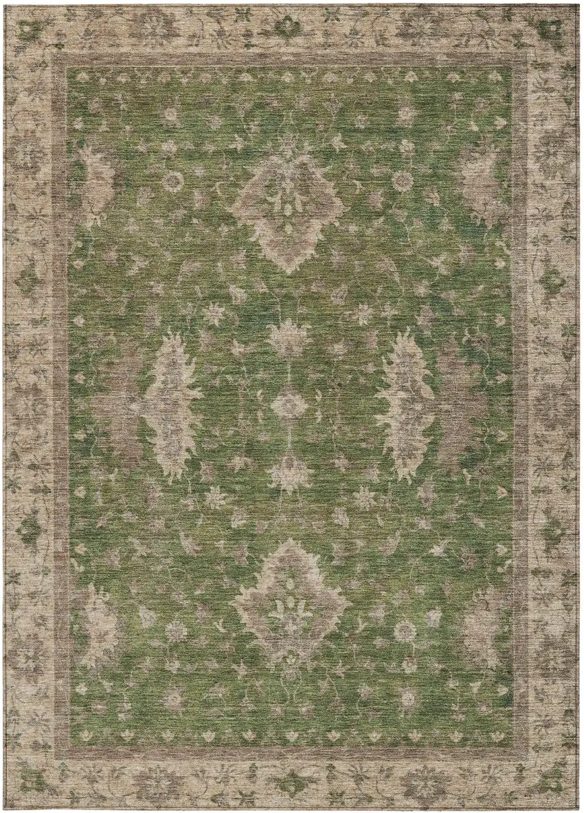 Artichoke Green And Beige Floral Washable Indoor Outdoor Area Rug Photo 4