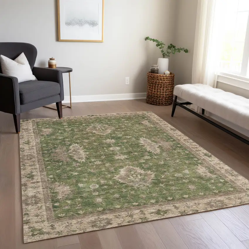 Artichoke Green And Beige Floral Washable Indoor Outdoor Area Rug Photo 7