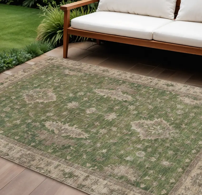 Artichoke Green And Beige Floral Washable Indoor Outdoor Area Rug Photo 2
