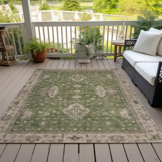 Artichoke Green And Beige Floral Washable Indoor Outdoor Area Rug Photo 8