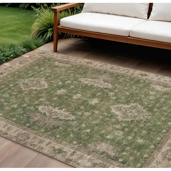 Artichoke Green And Beige Floral Washable Indoor Outdoor Area Rug Photo 2