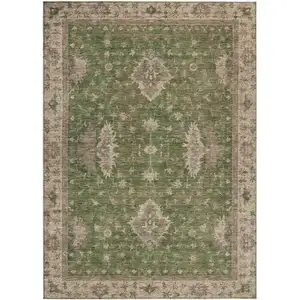 Photo of Artichoke Green And Beige Floral Washable Indoor Outdoor Area Rug