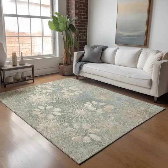 Artichoke Green And Beige Floral Washable Indoor Outdoor Area Rug Photo 9