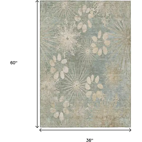 Artichoke Green And Beige Floral Washable Indoor Outdoor Area Rug Photo 3