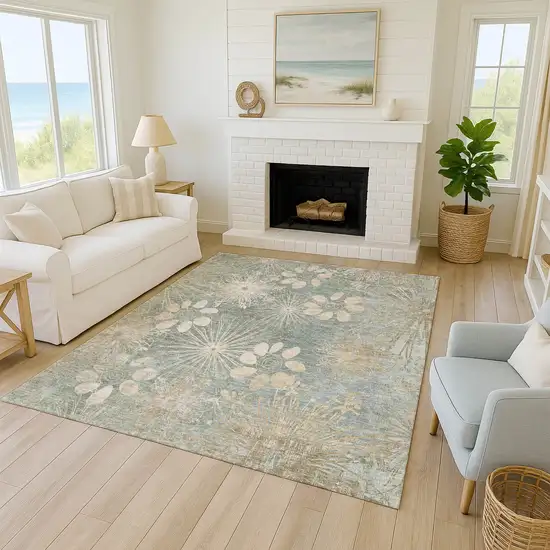 Artichoke Green And Beige Floral Washable Indoor Outdoor Area Rug Photo 9