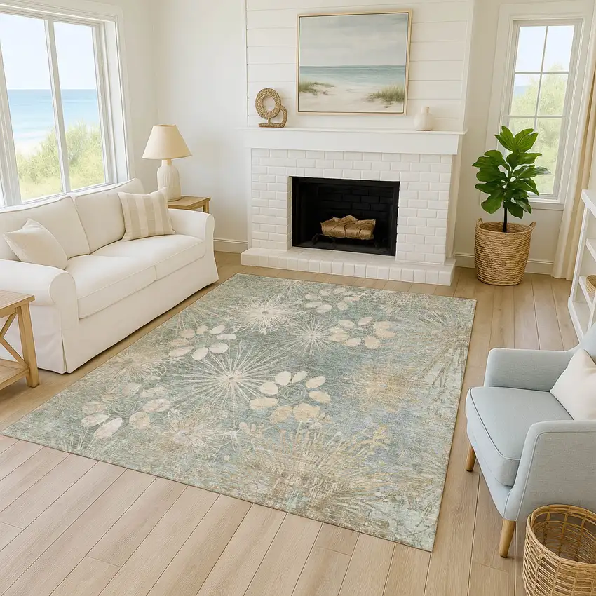 Artichoke Green And Beige Floral Washable Indoor Outdoor Area Rug Photo 9