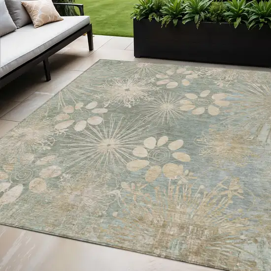 Artichoke Green And Beige Floral Washable Indoor Outdoor Area Rug Photo 1
