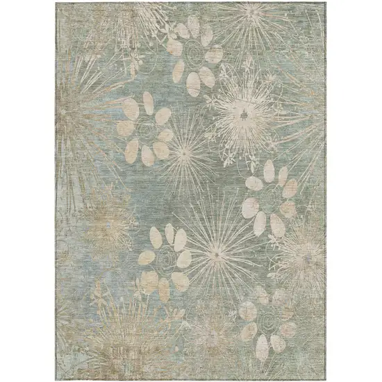 Artichoke Green And Beige Floral Washable Indoor Outdoor Area Rug Photo 5