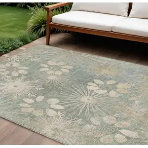 Photo of Artichoke Green And Beige Floral Washable Indoor Outdoor Area Rug