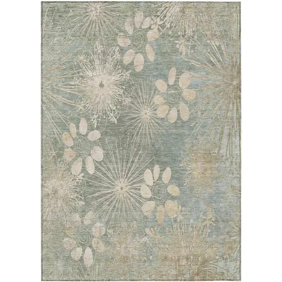 Artichoke Green And Beige Floral Washable Indoor Outdoor Area Rug Photo 2