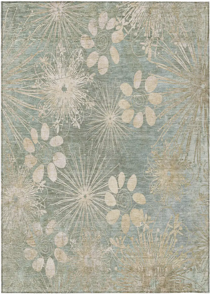 Artichoke Green And Beige Floral Washable Indoor Outdoor Area Rug Photo 2