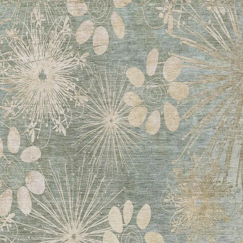 Artichoke Green And Beige Floral Washable Indoor Outdoor Area Rug Photo 6