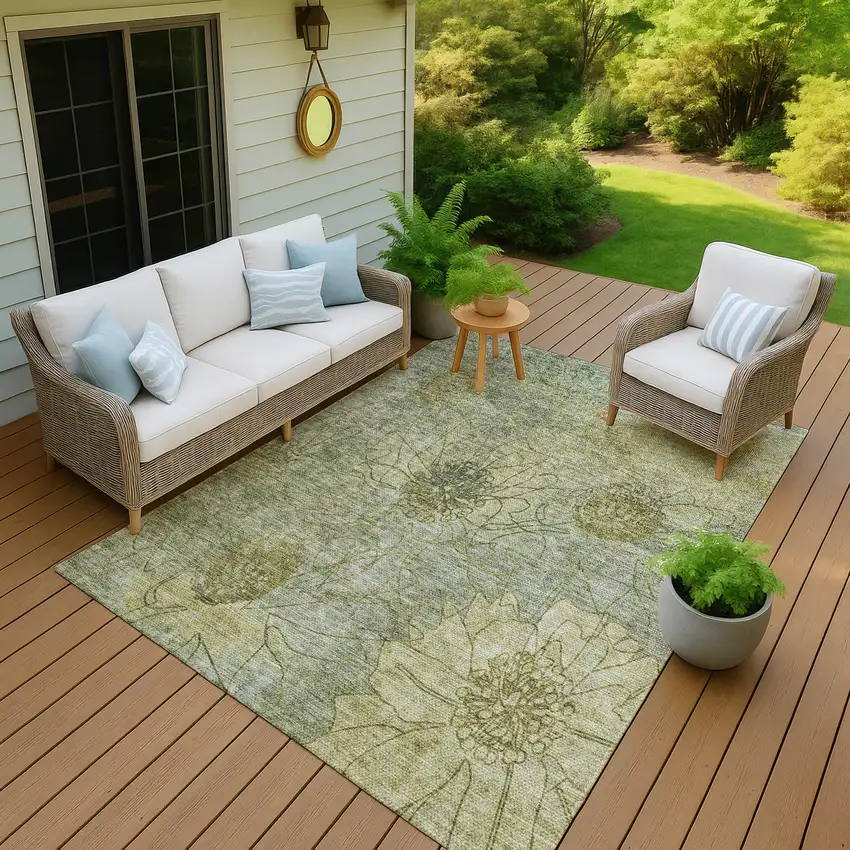 Artichoke Green And Beige Floral Washable Indoor Outdoor Area Rug Photo 7