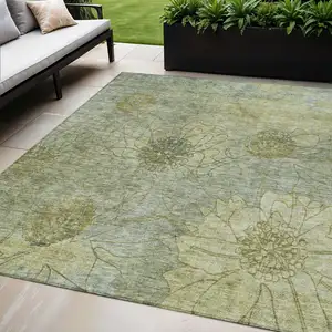 Photo of Artichoke Green And Beige Floral Washable Indoor Outdoor Area Rug
