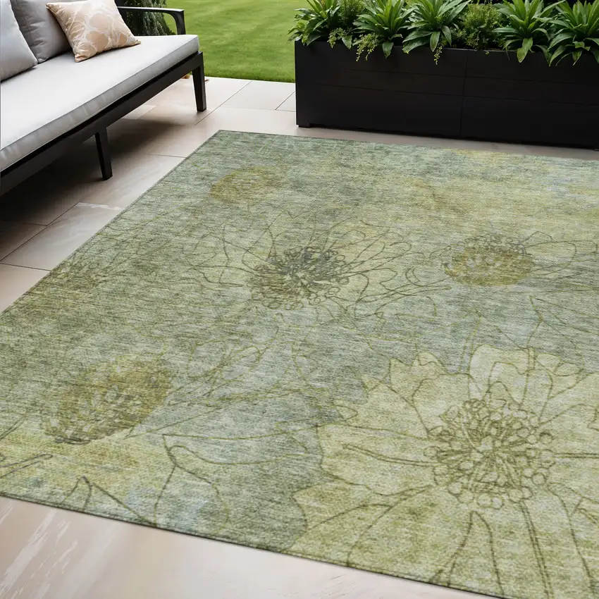 Artichoke Green And Beige Floral Washable Indoor Outdoor Area Rug Photo 1