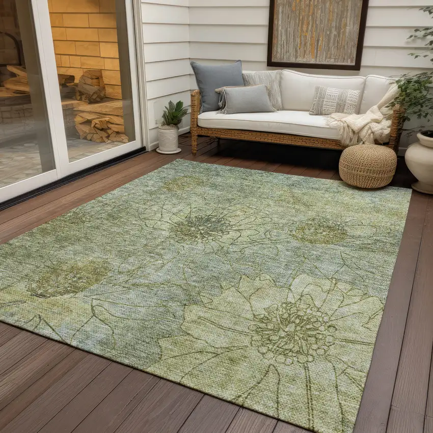 Artichoke Green And Beige Floral Washable Indoor Outdoor Area Rug Photo 9