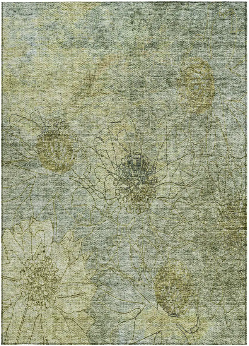 Artichoke Green And Beige Floral Washable Indoor Outdoor Area Rug Photo 5