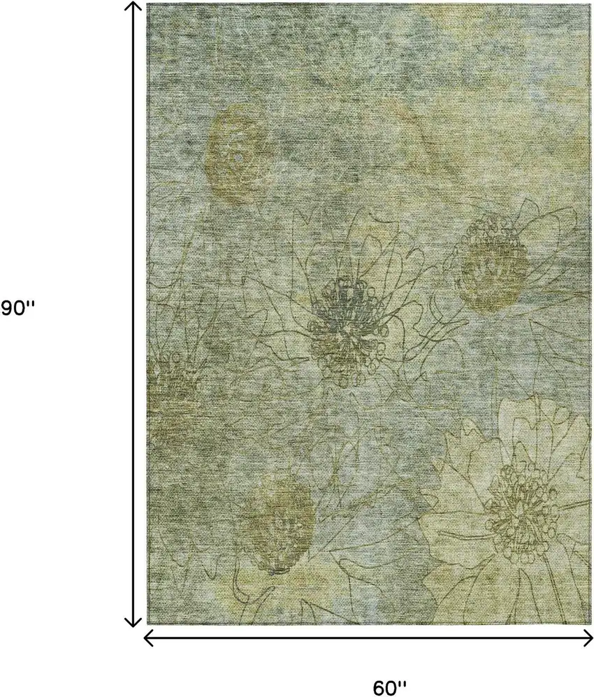 Artichoke Green And Beige Floral Washable Indoor Outdoor Area Rug Photo 3
