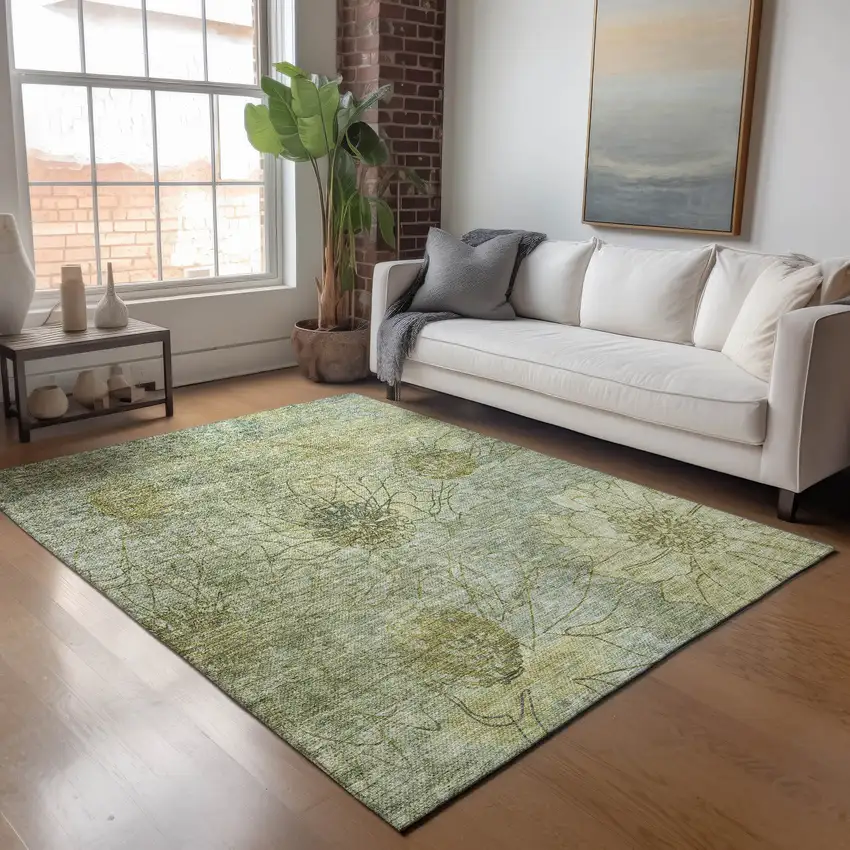 Artichoke Green And Beige Floral Washable Indoor Outdoor Area Rug Photo 9