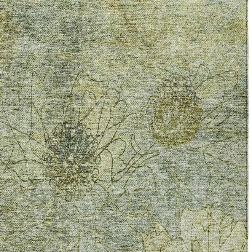 Artichoke Green And Beige Floral Washable Indoor Outdoor Area Rug Photo 5