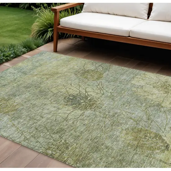 Artichoke Green And Beige Floral Washable Indoor Outdoor Area Rug Photo 1