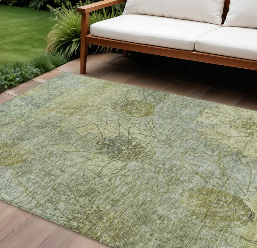 Artichoke Green And Beige Floral Washable Indoor Outdoor Area Rug Photo 1