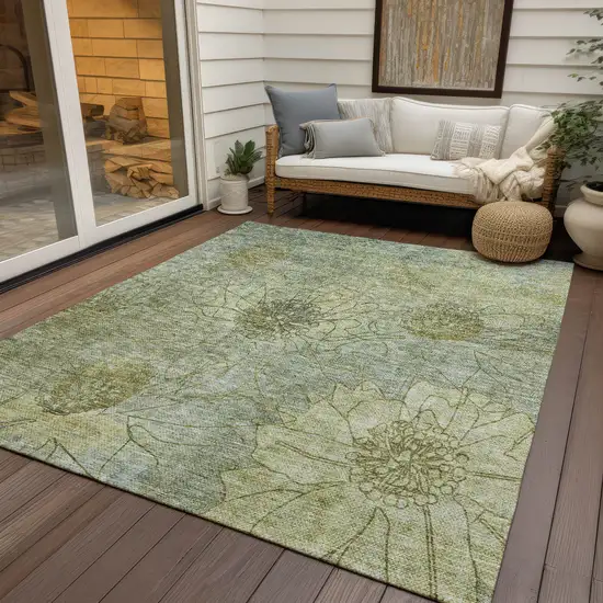 Artichoke Green And Beige Floral Washable Indoor Outdoor Area Rug Photo 9