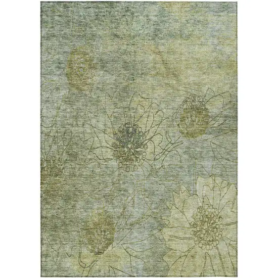 Artichoke Green And Beige Floral Washable Indoor Outdoor Area Rug Photo 2
