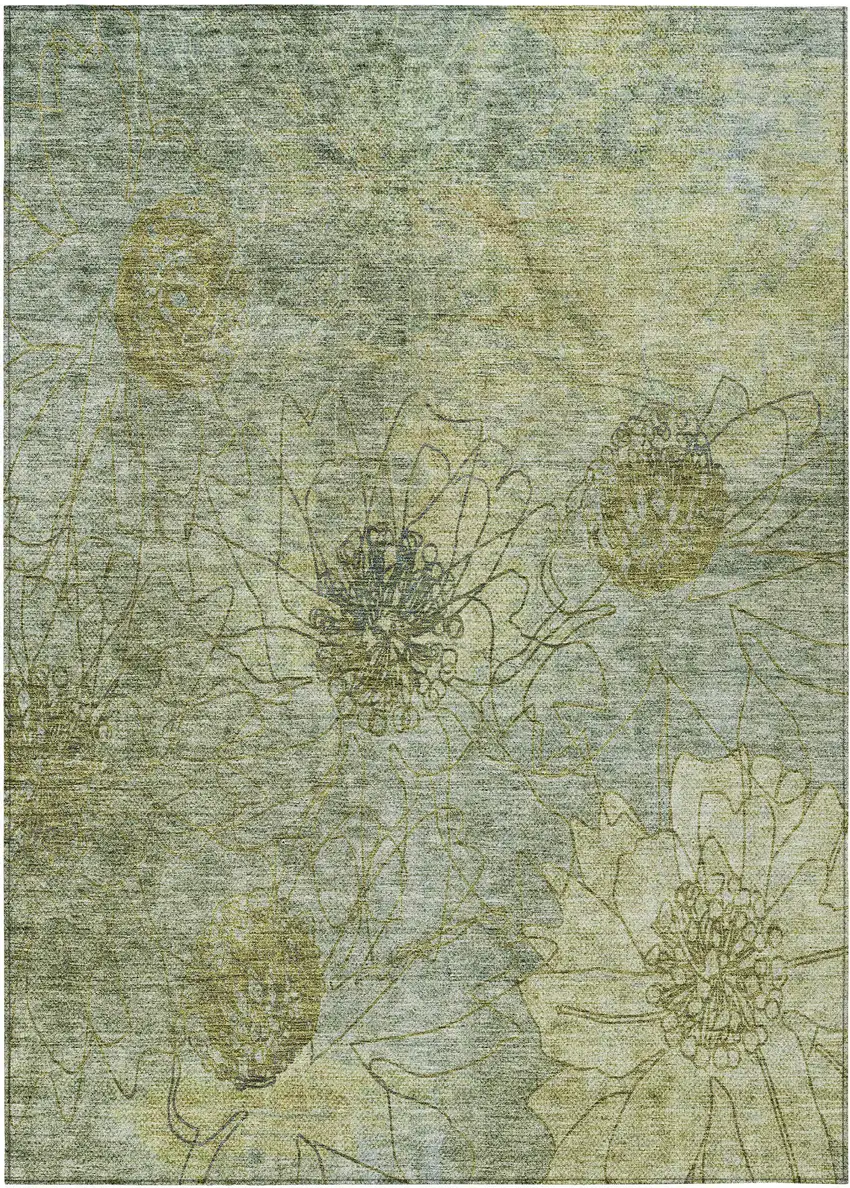 Artichoke Green And Beige Floral Washable Indoor Outdoor Area Rug Photo 2