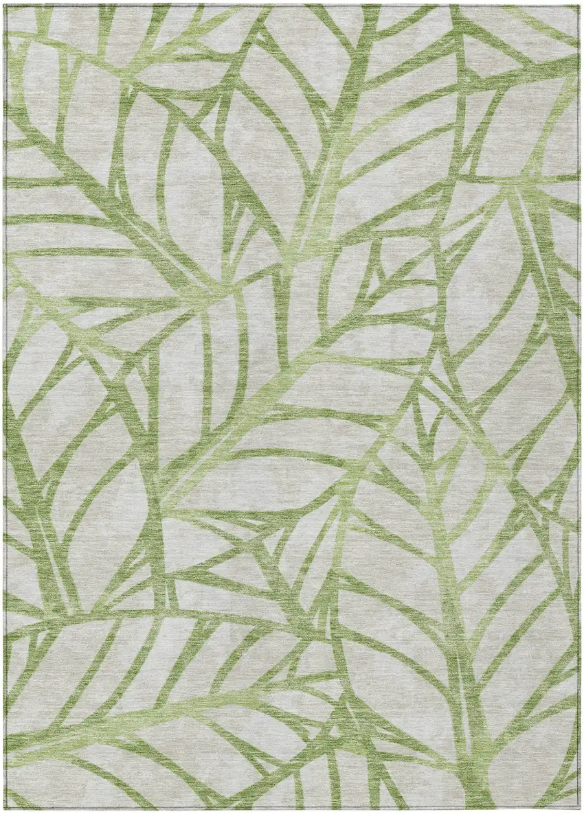 Artichoke Green And Beige Floral Washable Indoor Outdoor Area Rug Photo 1