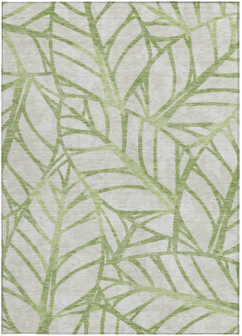 Artichoke Green And Beige Floral Washable Indoor Outdoor Area Rug Photo 5