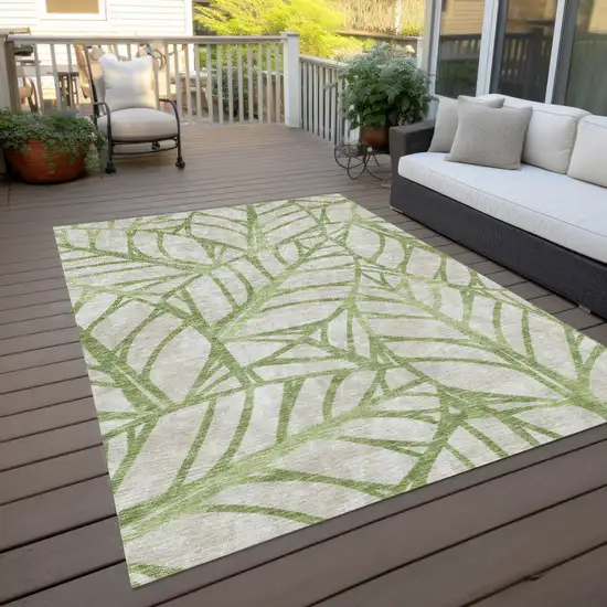 Artichoke Green And Beige Floral Washable Indoor Outdoor Area Rug Photo 9