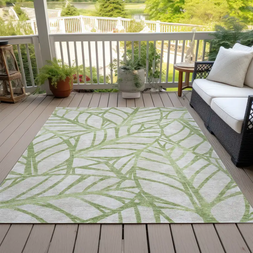 Artichoke Green And Beige Floral Washable Indoor Outdoor Area Rug Photo 6