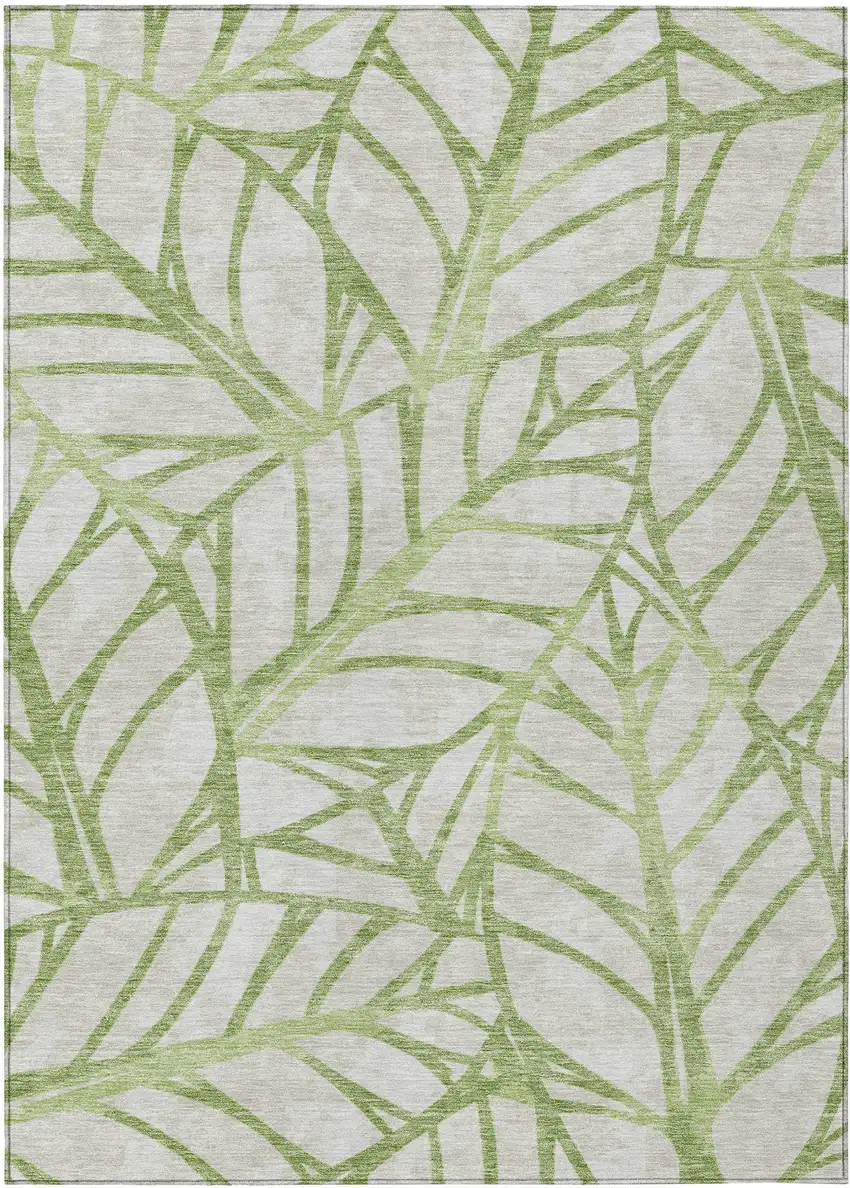 Artichoke Green And Beige Floral Washable Indoor Outdoor Area Rug Photo 1
