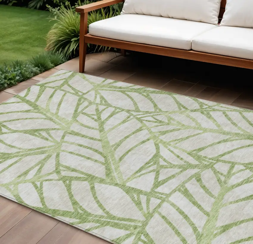 Artichoke Green And Beige Floral Washable Indoor Outdoor Area Rug Photo 1