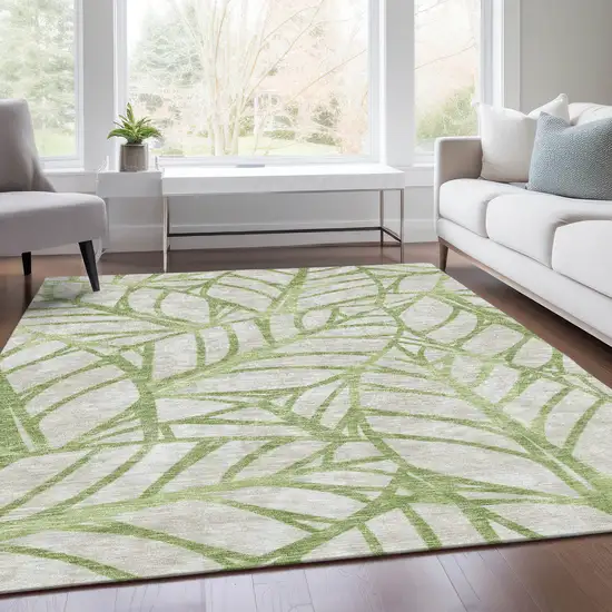 Artichoke Green And Beige Floral Washable Indoor Outdoor Area Rug Photo 6